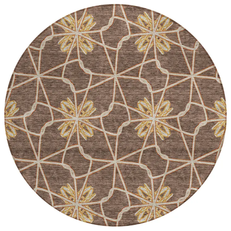 8' Brown And Gold Round Geometric Washable Indoor Outdoor Area Rug