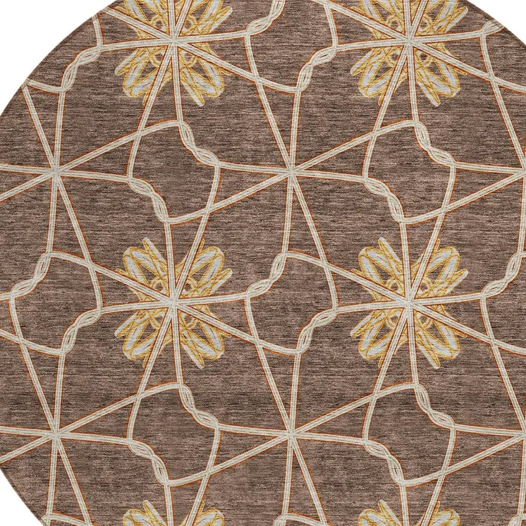 8' Brown And Gold Round Geometric Washable Indoor Outdoor Area Rug