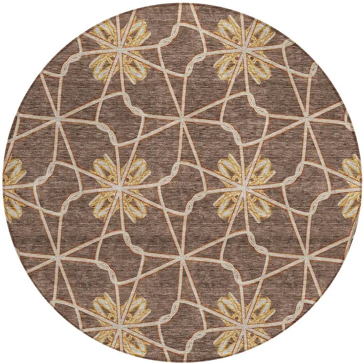 8' Brown And Gold Round Geometric Washable Indoor Outdoor Area Rug