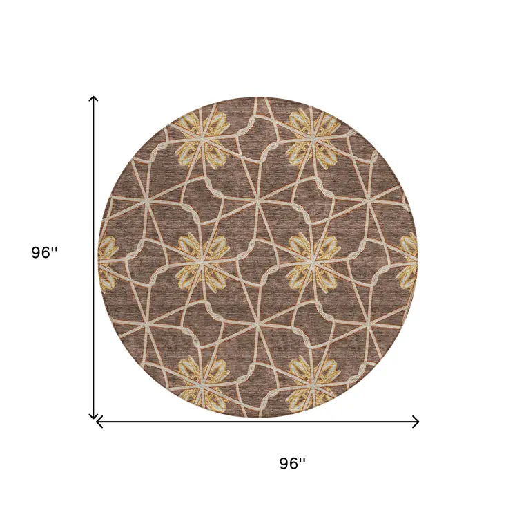 8' Brown And Gold Round Geometric Washable Indoor Outdoor Area Rug