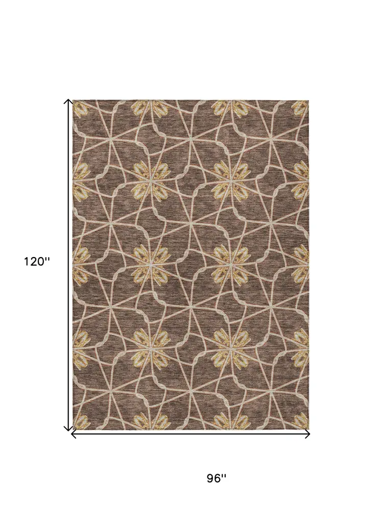 8' X 10' Brown And Gold Geometric Washable Indoor Outdoor Area Rug