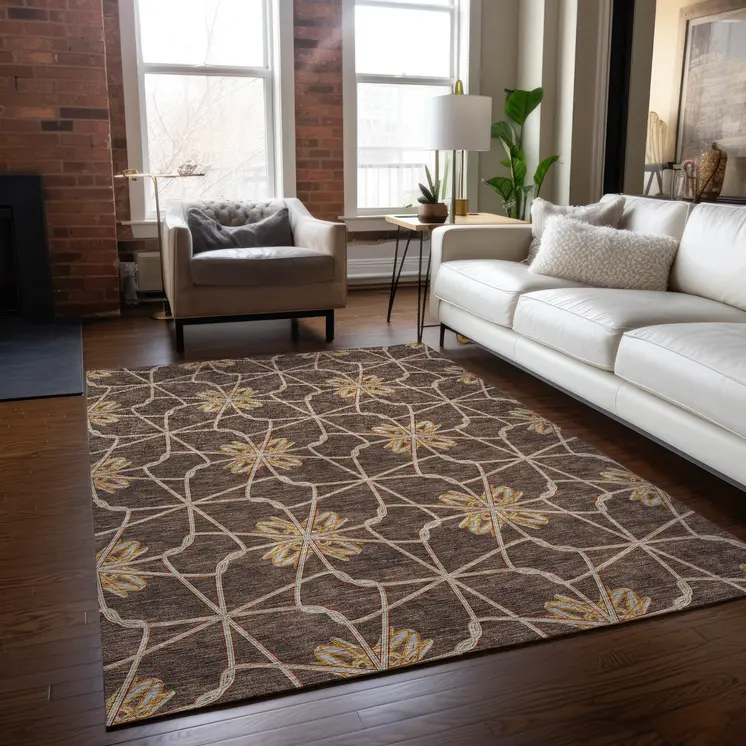 8' X 10' Brown And Gold Geometric Washable Indoor Outdoor Area Rug