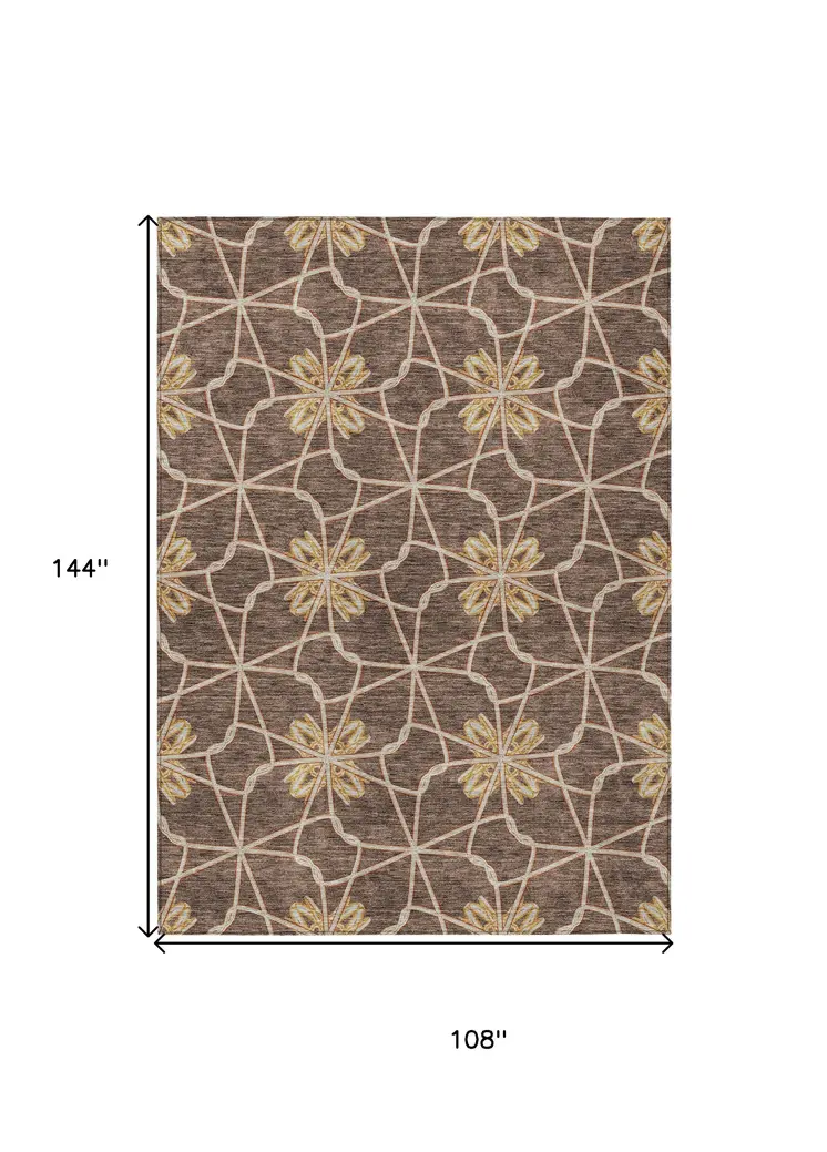 9' X 12' Brown And Gold Geometric Washable Indoor Outdoor Area Rug