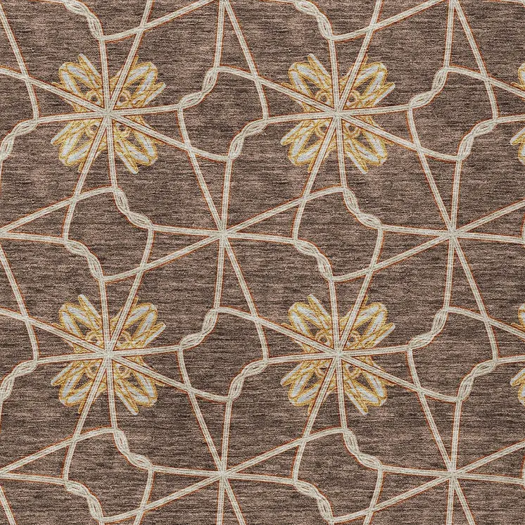 9' X 12' Brown And Gold Geometric Washable Indoor Outdoor Area Rug