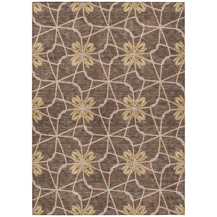 10' X 14' Brown And Gold Geometric Washable Indoor Outdoor Area Rug