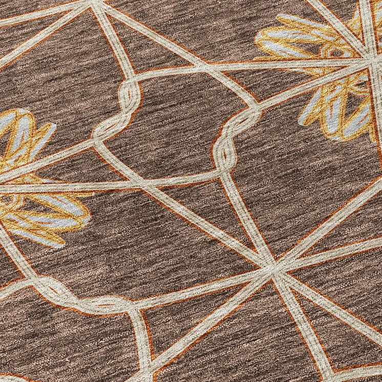 10' X 14' Brown And Gold Geometric Washable Indoor Outdoor Area Rug