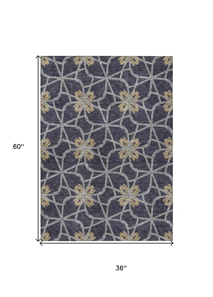 3' X 5' Charcoal And Gold Geometric Washable Indoor Outdoor Area Rug