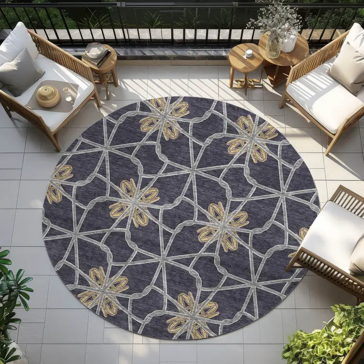 8' Charcoal And Gold Round Geometric Washable Indoor Outdoor Area Rug