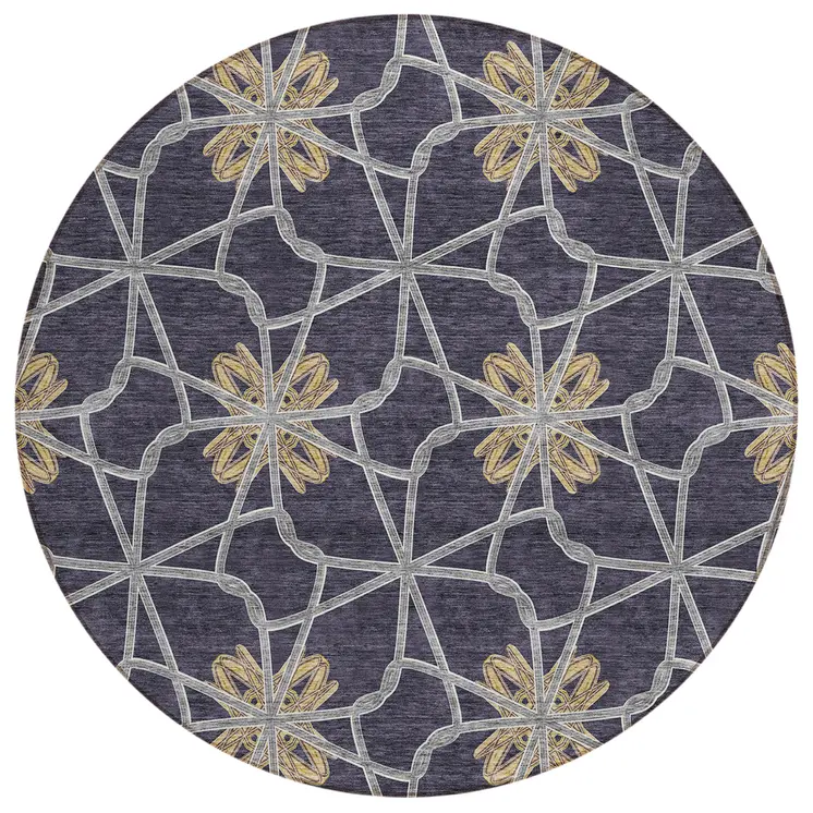 8' Charcoal And Gold Round Geometric Washable Indoor Outdoor Area Rug