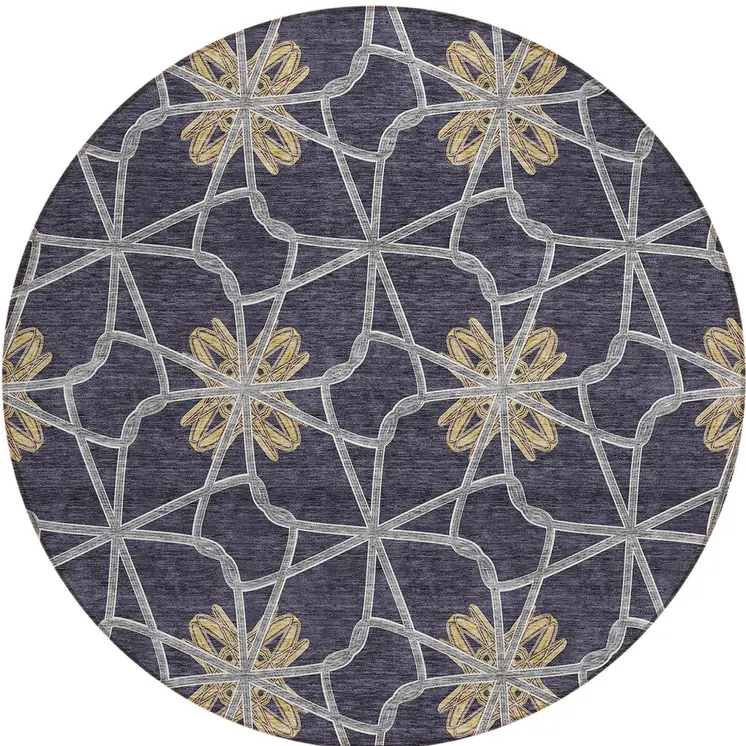 8' Charcoal And Gold Round Geometric Washable Indoor Outdoor Area Rug