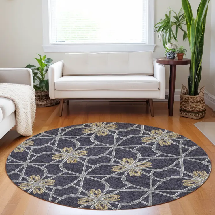 8' Charcoal And Gold Round Geometric Washable Indoor Outdoor Area Rug