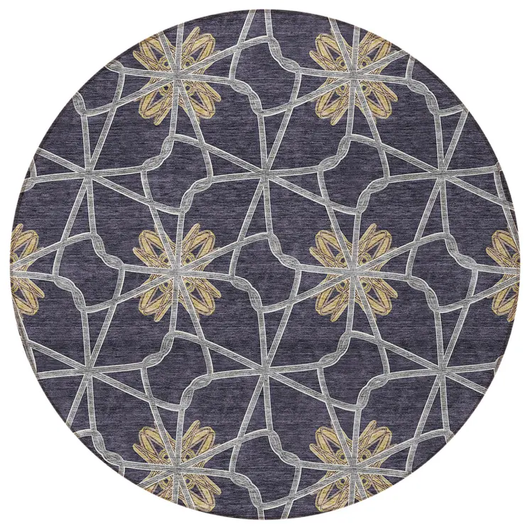 8' Charcoal And Gold Round Geometric Washable Indoor Outdoor Area Rug