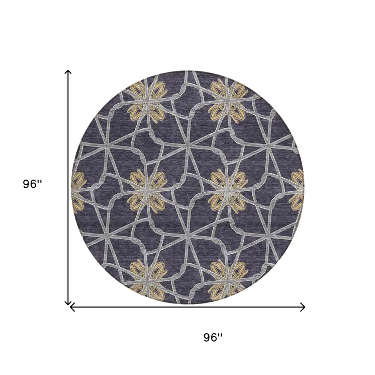 8' Charcoal And Gold Round Geometric Washable Indoor Outdoor Area Rug