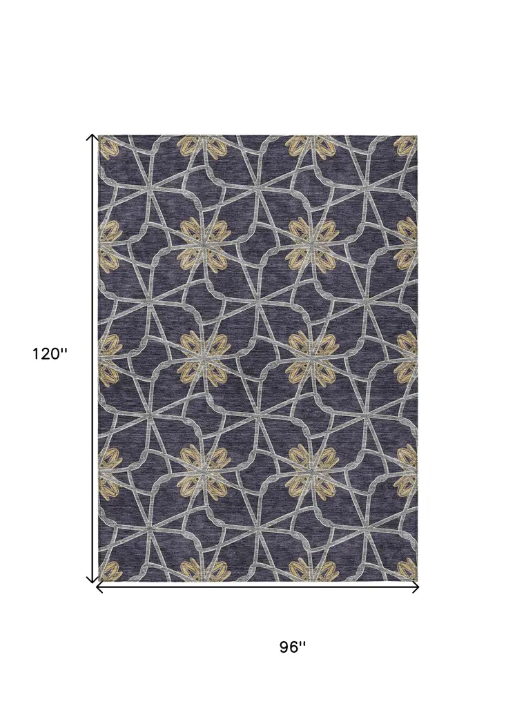 8' X 10' Charcoal And Gold Geometric Washable Indoor Outdoor Area Rug