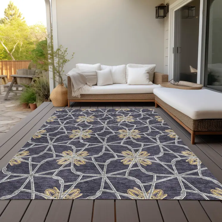 8' X 10' Charcoal And Gold Geometric Washable Indoor Outdoor Area Rug
