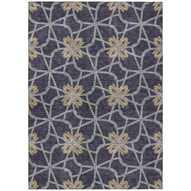 8' X 10' Charcoal And Gold Geometric Washable Indoor Outdoor Area Rug