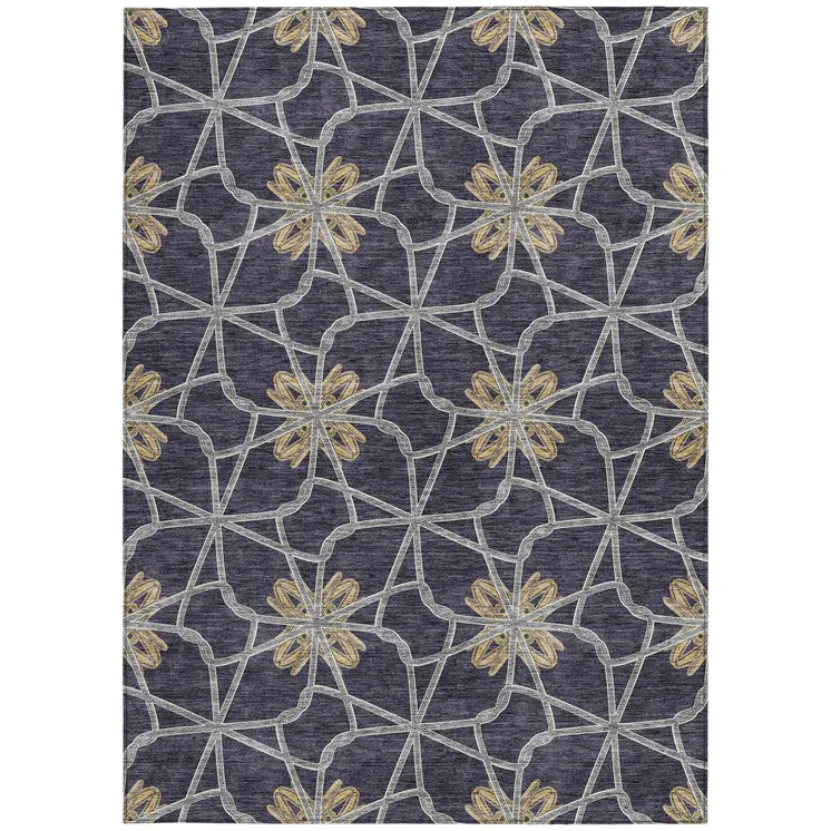 8' X 10' Charcoal And Gold Geometric Washable Indoor Outdoor Area Rug