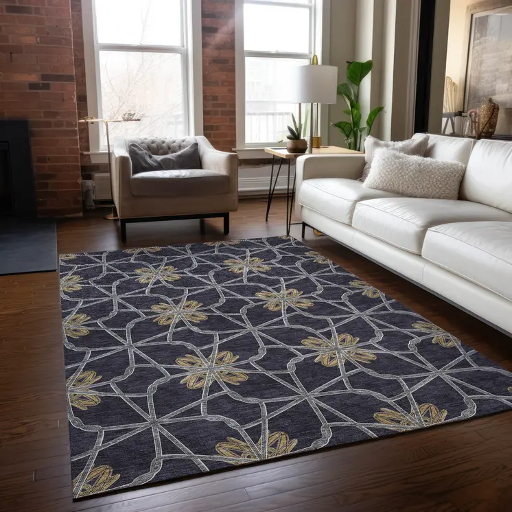 8' X 10' Charcoal And Gold Geometric Washable Indoor Outdoor Area Rug