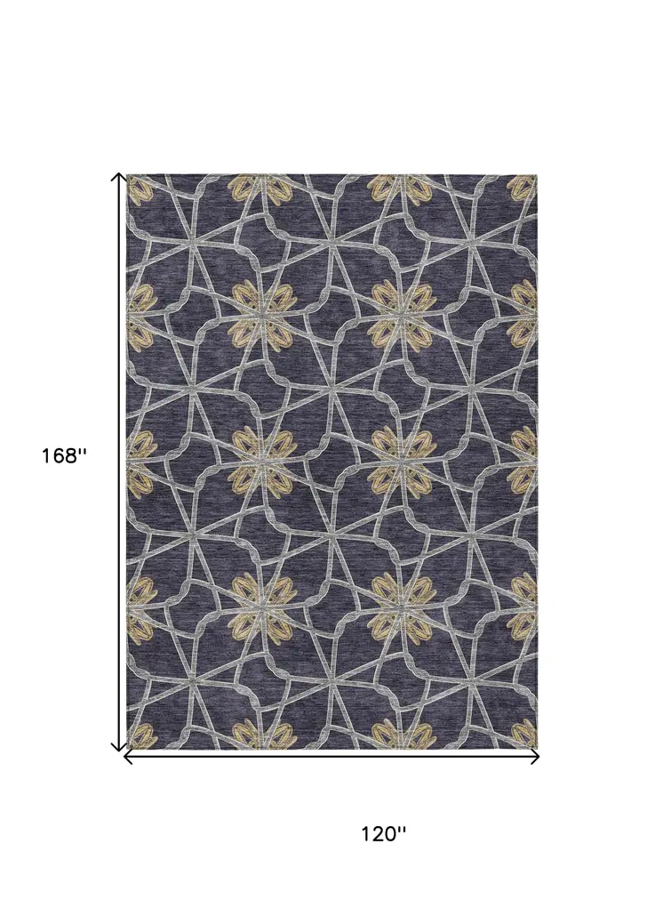 10' X 14' Charcoal And Gold Geometric Washable Indoor Outdoor Area Rug