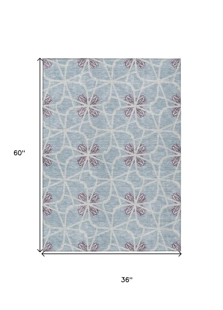 3' X 5' Denim Blue And Ivory Geometric Washable Indoor Outdoor Area Rug