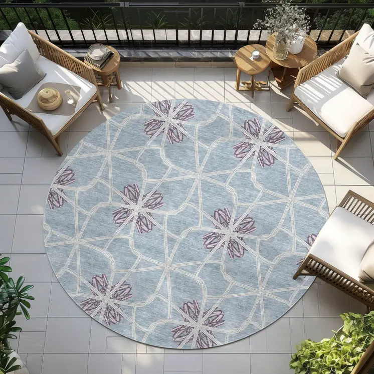 8' Denim Blue And Ivory Round Geometric Washable Indoor Outdoor Area Rug