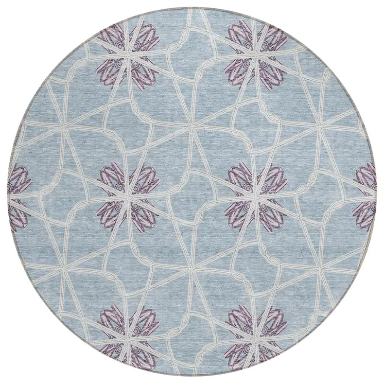 8' Denim Blue And Ivory Round Geometric Washable Indoor Outdoor Area Rug