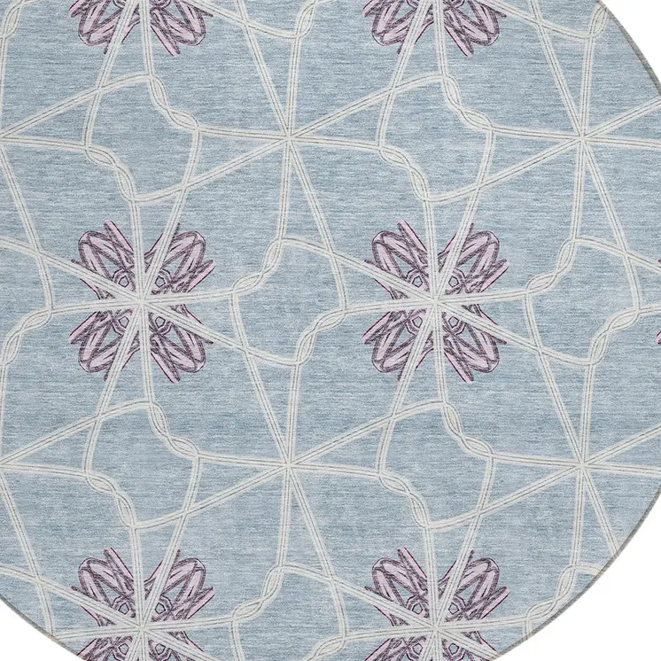 8' Denim Blue And Ivory Round Geometric Washable Indoor Outdoor Area Rug