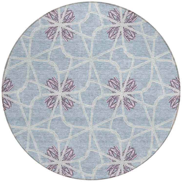 8' Denim Blue And Ivory Round Geometric Washable Indoor Outdoor Area Rug