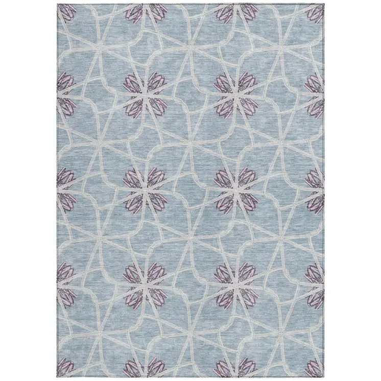 8' X 10' Denim Blue And Ivory Geometric Washable Indoor Outdoor Area Rug