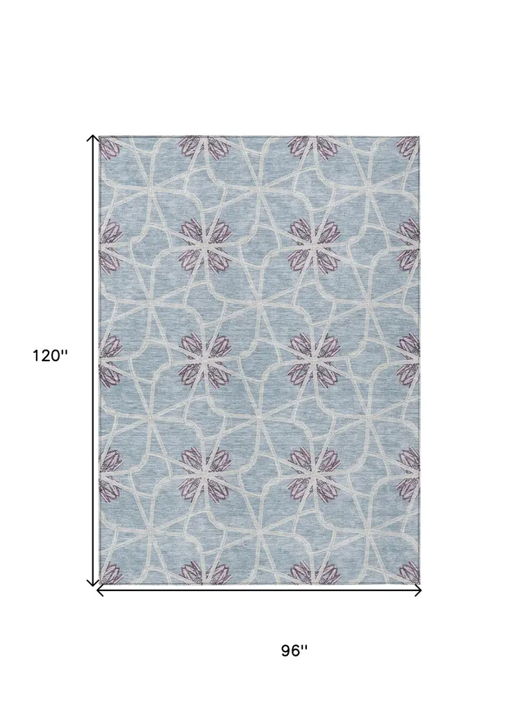 8' X 10' Denim Blue And Ivory Geometric Washable Indoor Outdoor Area Rug