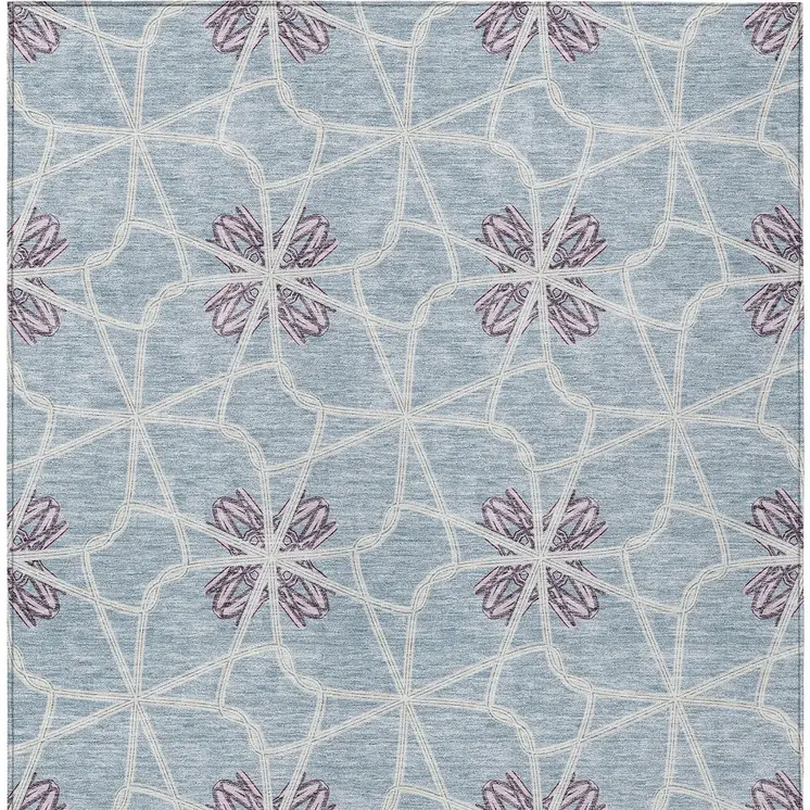 9' X 12' Denim Blue And Ivory Geometric Washable Indoor Outdoor Area Rug
