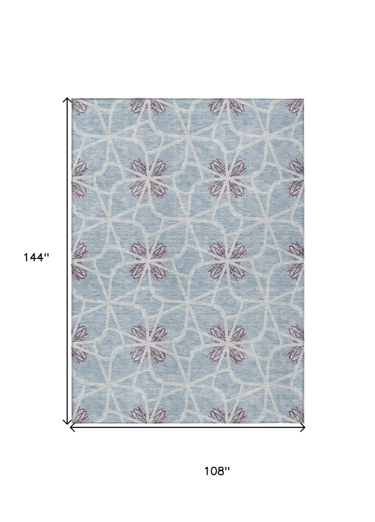 9' X 12' Denim Blue And Ivory Geometric Washable Indoor Outdoor Area Rug