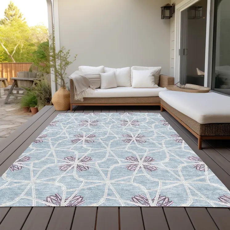 9' X 12' Denim Blue And Ivory Geometric Washable Indoor Outdoor Area Rug