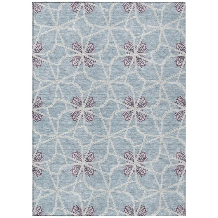 9' X 12' Denim Blue And Ivory Geometric Washable Indoor Outdoor Area Rug