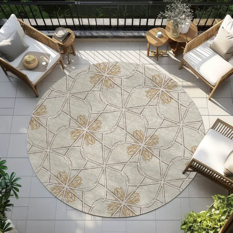 8' Ivory And Gold Round Geometric Washable Indoor Outdoor Area Rug