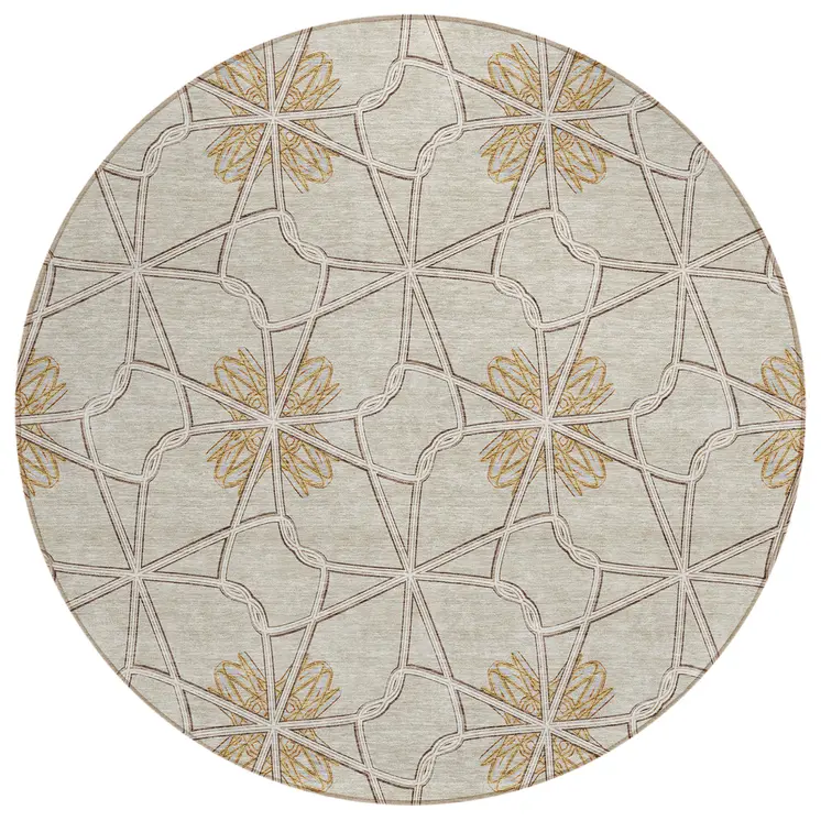 8' Ivory And Gold Round Geometric Washable Indoor Outdoor Area Rug