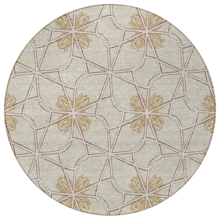 8' Ivory And Gold Round Geometric Washable Indoor Outdoor Area Rug
