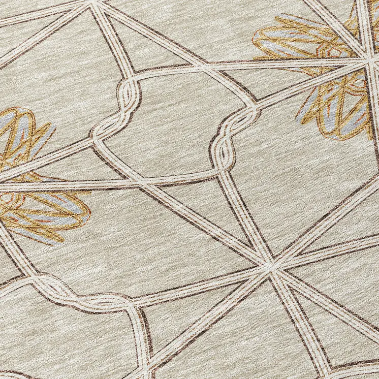 8' Ivory And Gold Round Geometric Washable Indoor Outdoor Area Rug