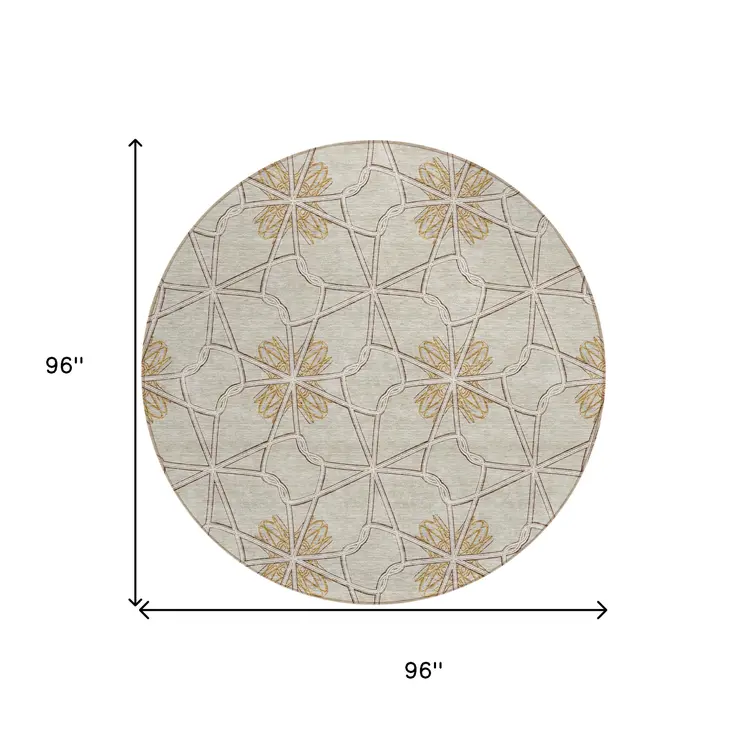 8' Ivory And Gold Round Geometric Washable Indoor Outdoor Area Rug