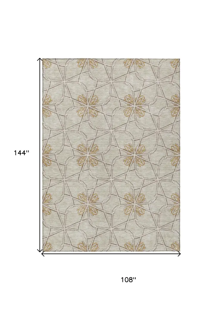 9' X 12' Ivory And Gold Geometric Washable Indoor Outdoor Area Rug