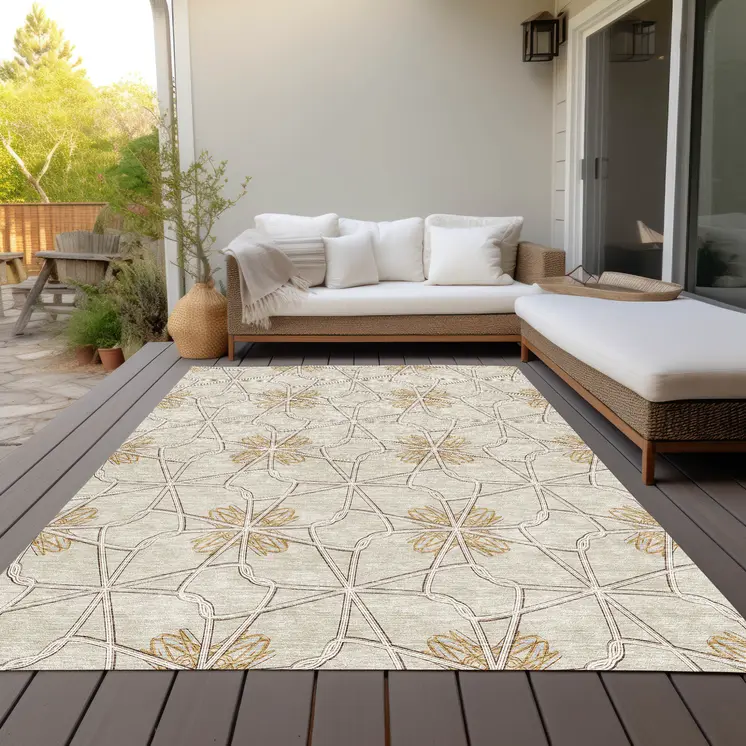 9' X 12' Ivory And Gold Geometric Washable Indoor Outdoor Area Rug