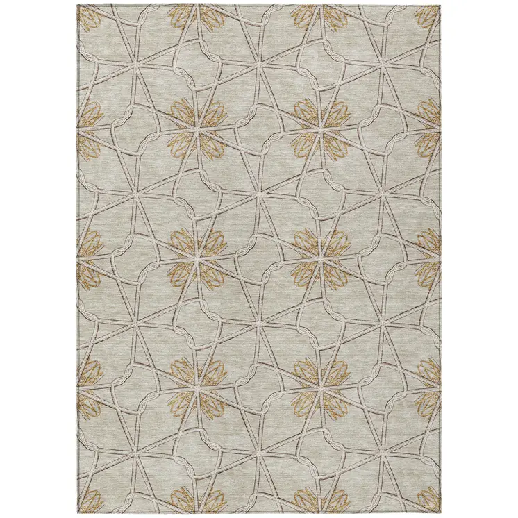 9' X 12' Ivory And Gold Geometric Washable Indoor Outdoor Area Rug