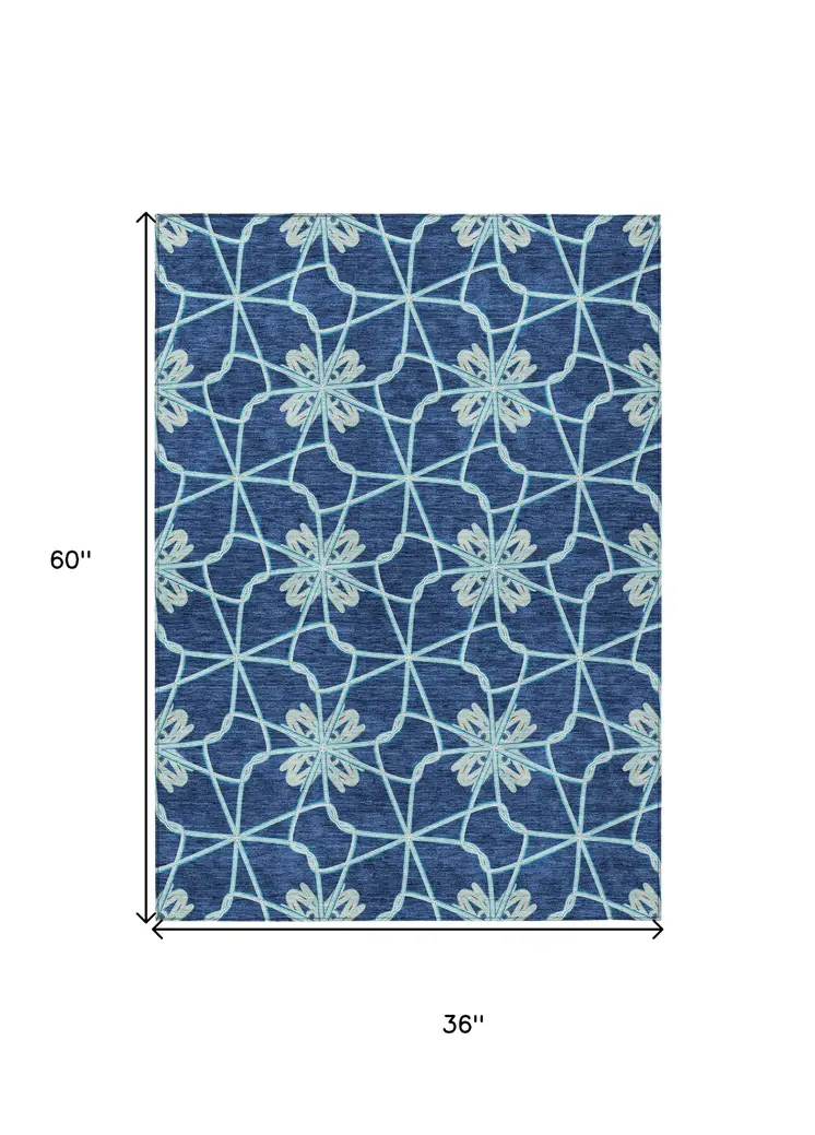 3' X 5' Navy Blue And Aqua Geometric Washable Indoor Outdoor Area Rug