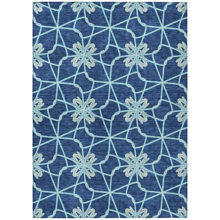 3' X 5' Navy Blue And Aqua Geometric Washable Indoor Outdoor Area Rug