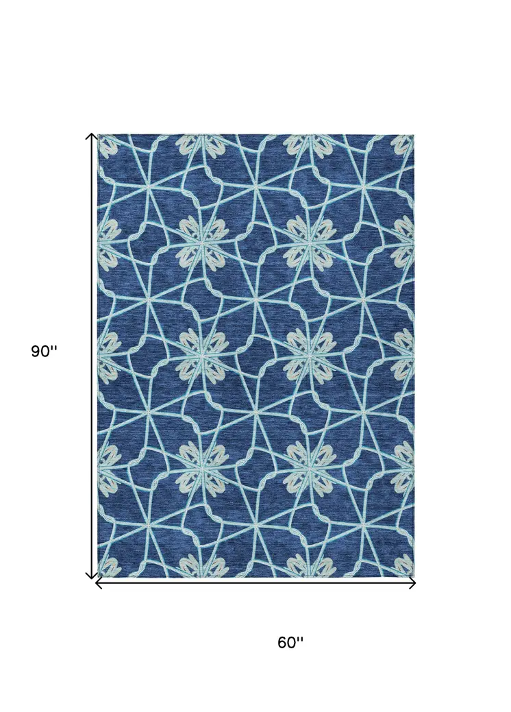 5' X 8' Navy Blue And Aqua Geometric Washable Indoor Outdoor Area Rug