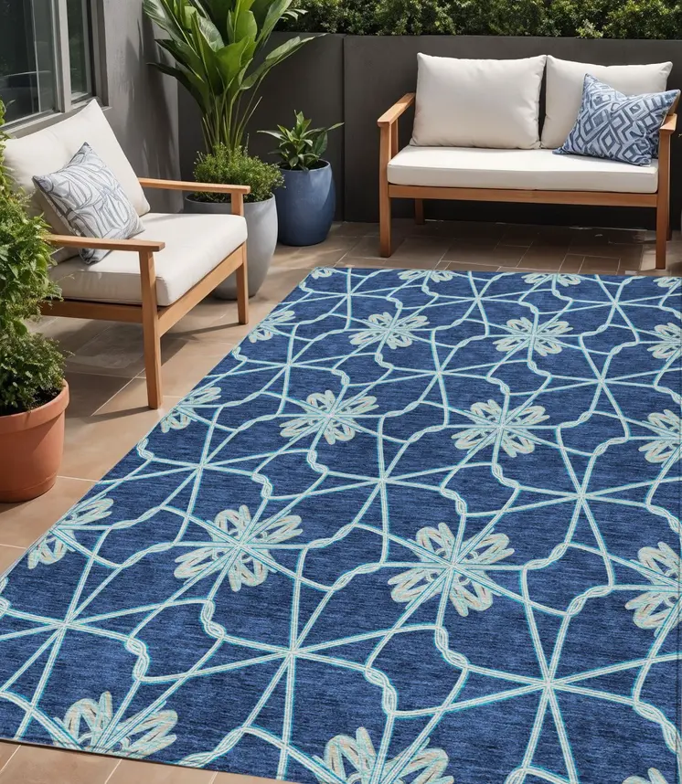 5' X 8' Navy Blue And Aqua Geometric Washable Indoor Outdoor Area Rug