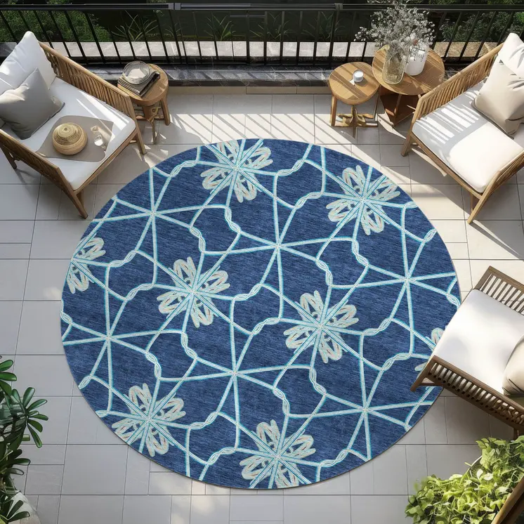 8' Navy Blue And Aqua Round Geometric Washable Indoor Outdoor Area Rug