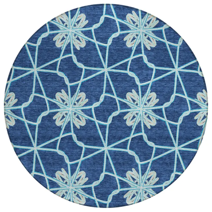 8' Navy Blue And Aqua Round Geometric Washable Indoor Outdoor Area Rug