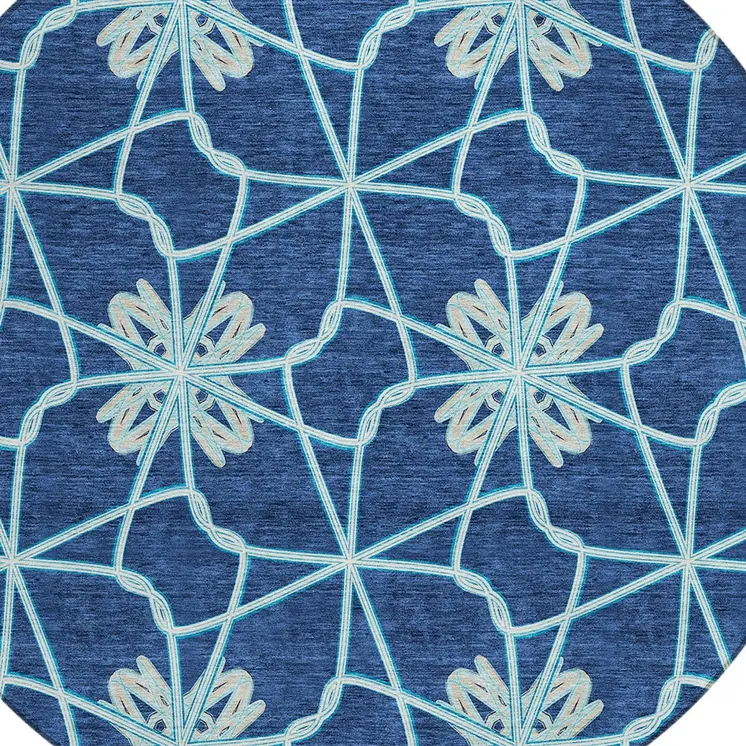 8' Navy Blue And Aqua Round Geometric Washable Indoor Outdoor Area Rug