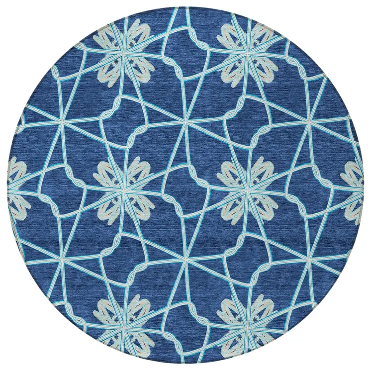 8' Navy Blue And Aqua Round Geometric Washable Indoor Outdoor Area Rug
